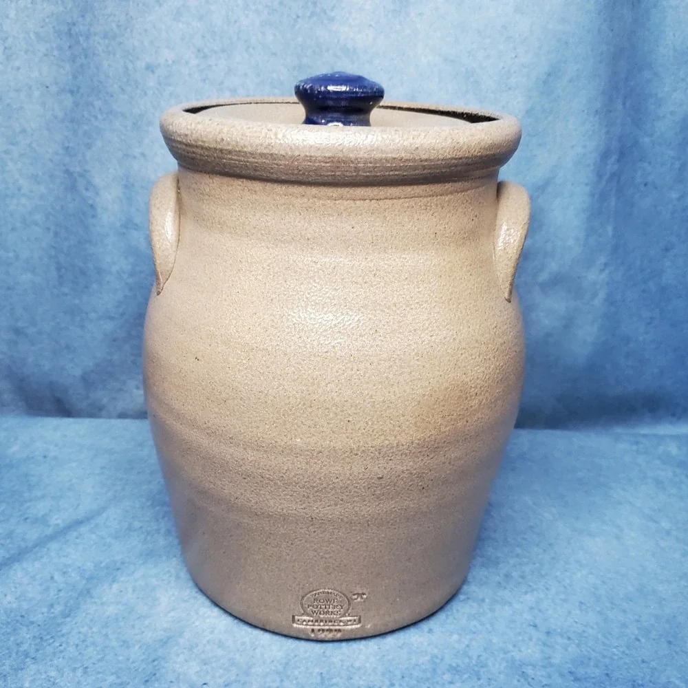Vintage Rowe Pottery Works Salt Glaze Canister Crock w/Lid Blue Heart Motif 1999